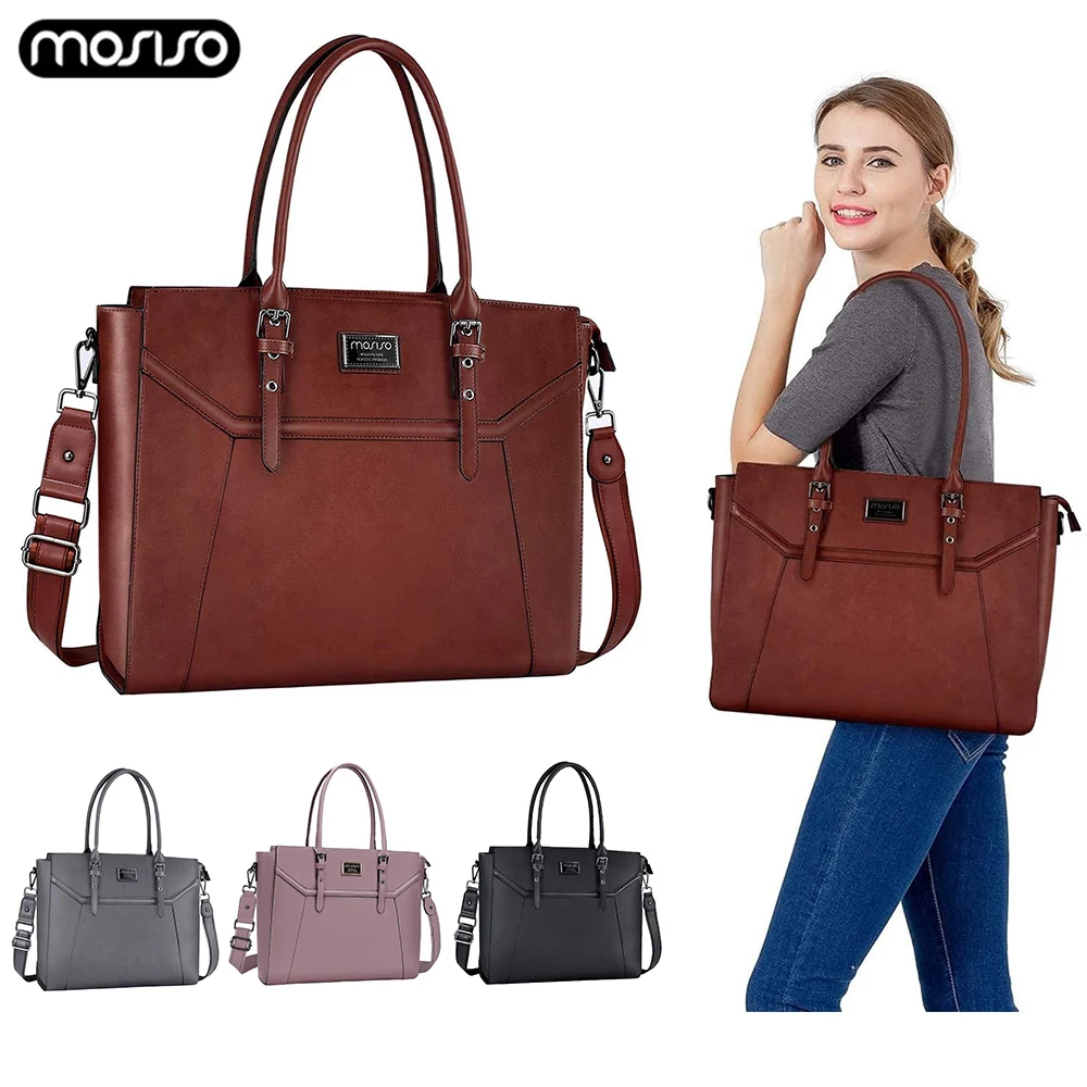 MOSISO New PU Leather Laptop Tote Bag 15.6 17 inch for Women PU Leather Notebook Shoulder Handbag with Shockproof Compartment