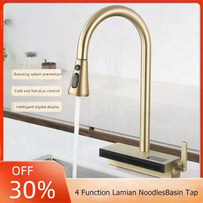 NEW Stainless Steel Pull-out Kitchen Faucet, Cold And Hot Digital Display, Waterfall Water Outlet, Multifunctional Sink Faucet