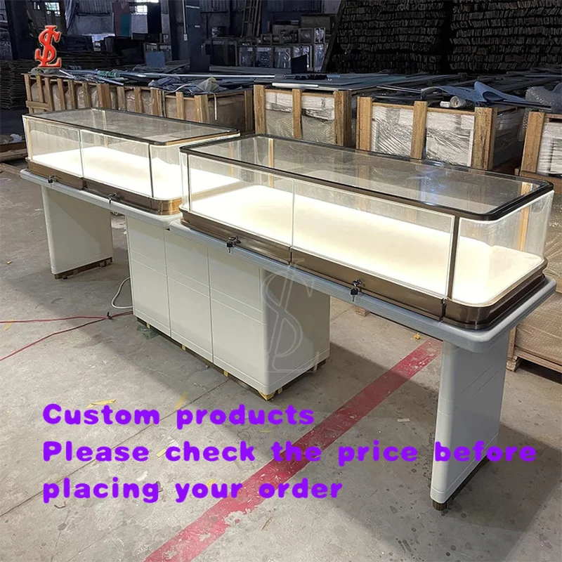 custom.Luxury Jewelry Island Showcase Curved Glass Display Counter LED Lighting Customizable Color Boutique Retail Shopf