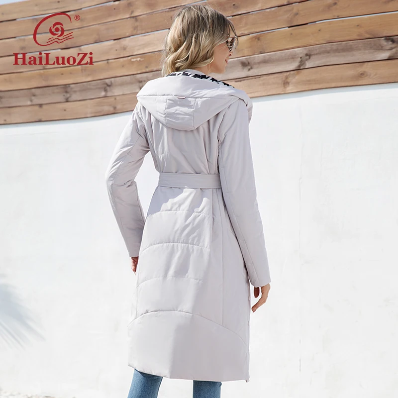 HaiLuoZi 2023 New Spring Women Coat Slim Hooded Parkas Long Fashion Jacket With Belt High Quality Quilted Women\'s Outwear 7059-1