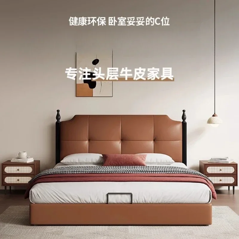 

Customized Lanmeng Bed French Medium And Ancient Style Retro Small Apartment Storage Solid Wood Leather Double Master Bed