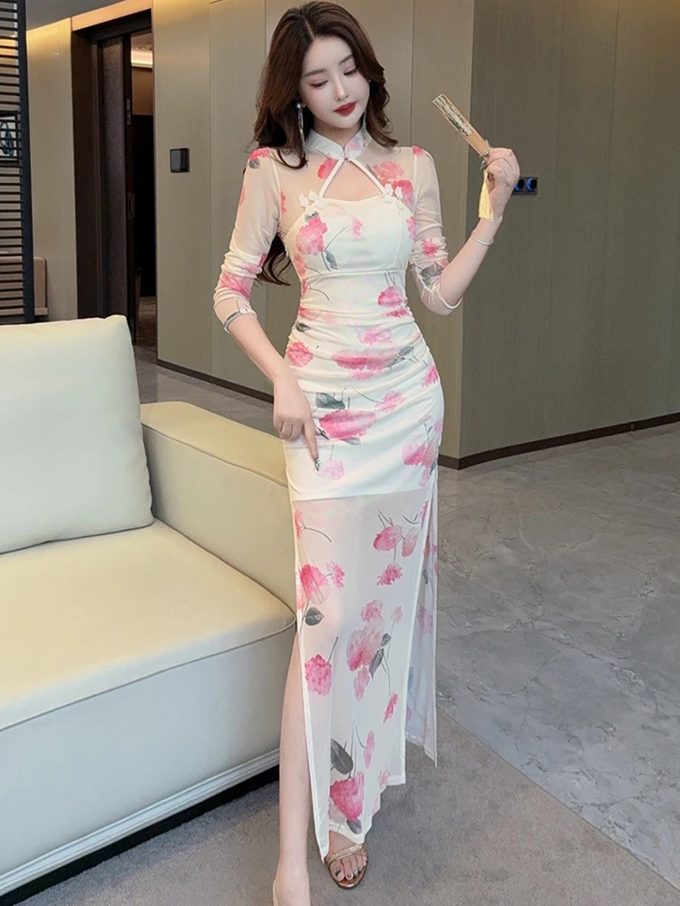 2025 Pink Floral Mesh Sheer Sexy Club Dress Women Elegant Casaul Holiday Dress Autumn Winter Korean Fashion Bodycon Party Dress