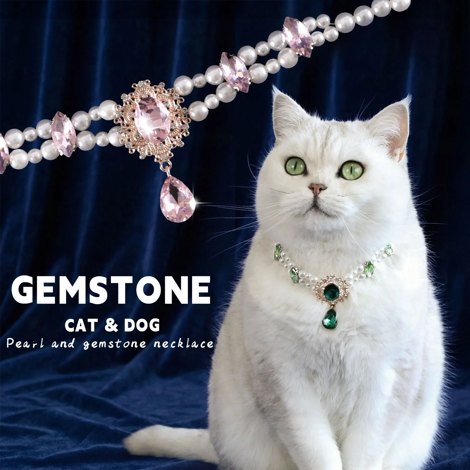 Hunde- und Katzen-Perlenkette Kristall-Edelstein-Anhänger Halsband Haustier-Schmuck Luxuriöses Katzenhalsband Modisches Accessoire Foto-Requisite – Detail 1