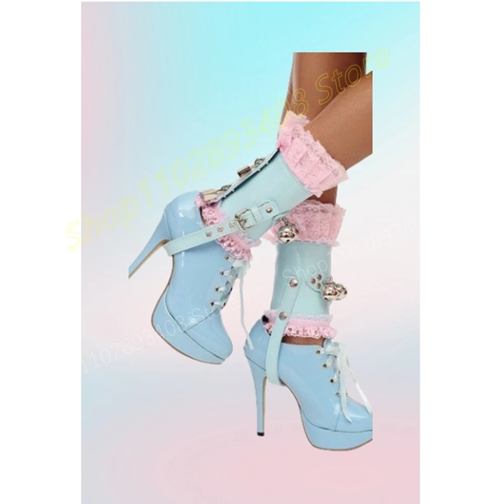 

Blue Lace Bell Decor Dance Pumps Cross Tied New Design Leather Stiletto High Heel Fashion Women Shoes 2024 Zapatos Para Mujere