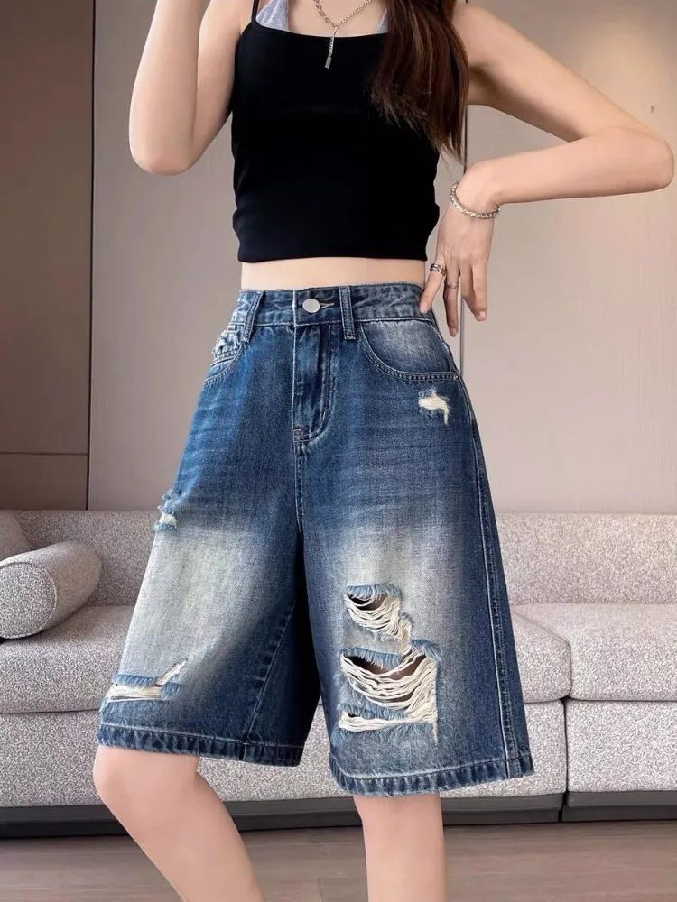 Summer Women's Distressed Wide-leg Denim Shorts Retro Streetwear 90s Girl Knee Length Pants Female High Waist Half Trousers