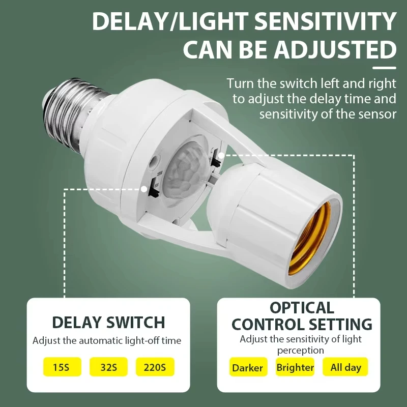 Convertidor de Base de lámpara E27 con ampolla de Sensor de movimiento PIR 100-240V E27 enchufe LED interruptor de bombilla inteligente MAX 60W