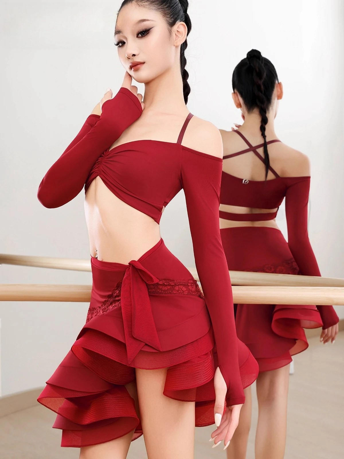 Robe de danse latine britannique, ensemble jupe désossée à épaules dénudées avec dos ouvert, amincissante pour femmes, costumes de danse de salle de bal