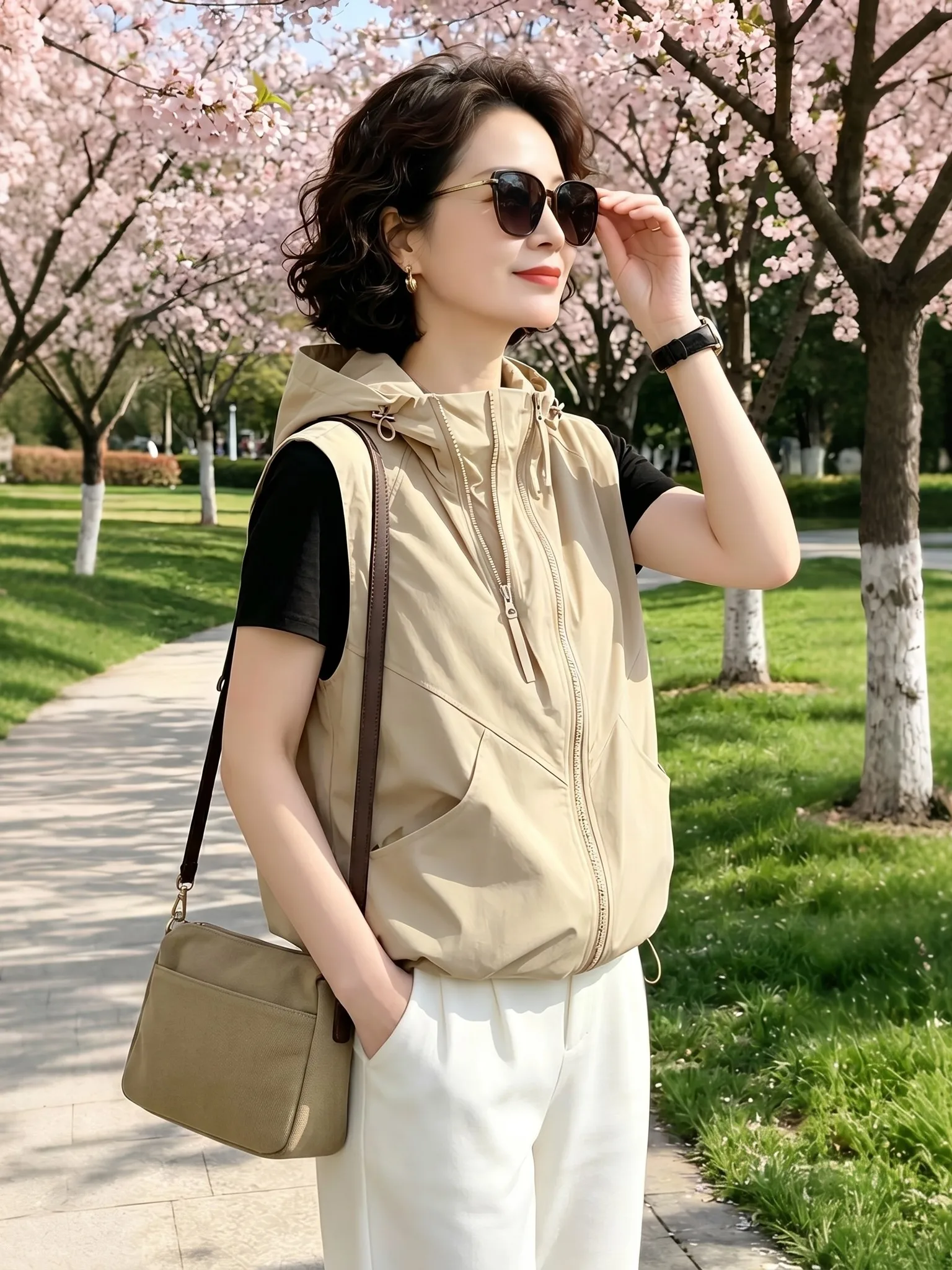 Summer 2026 Women's Casual  Color Hooded Vest Loose Slimming Lightweight Breathable Zipper Closure Daily Wear Outerwear