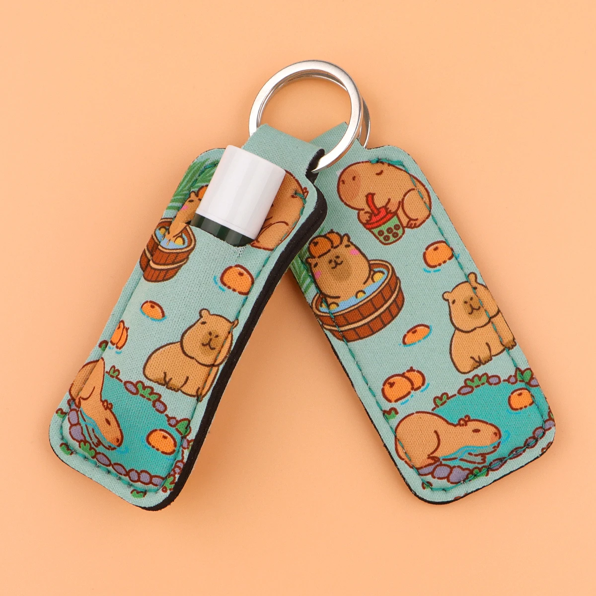 Funny Capybaras Clip on Lipstick Holder Keychain Cartoon Print Keyring Trendy Lip Balm KeyChain Bag Charms Travel Accessories