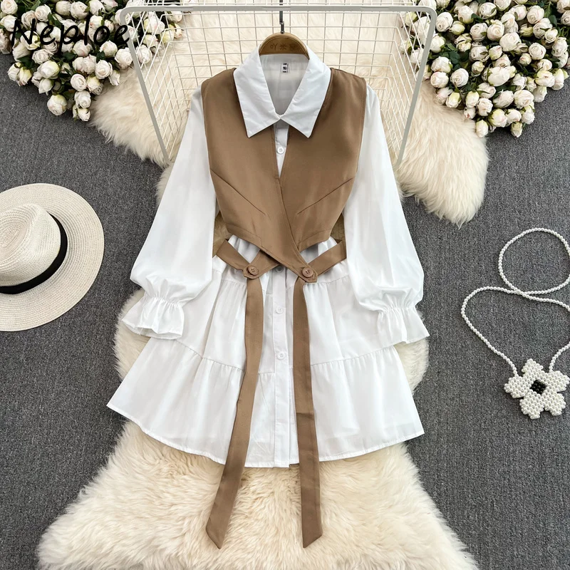 Neploe Turn Down Collar Long Sleeve Single-breasted Dress Suit+solid Color Sleeveless Vest Top Outfits Korean Chic 2pcs Set