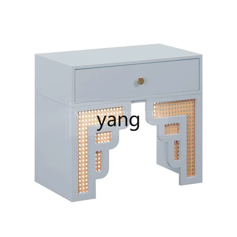

LH Retro Solid Wood Rattan Bedroom Storage Dopamine Color Bedside Cabinet