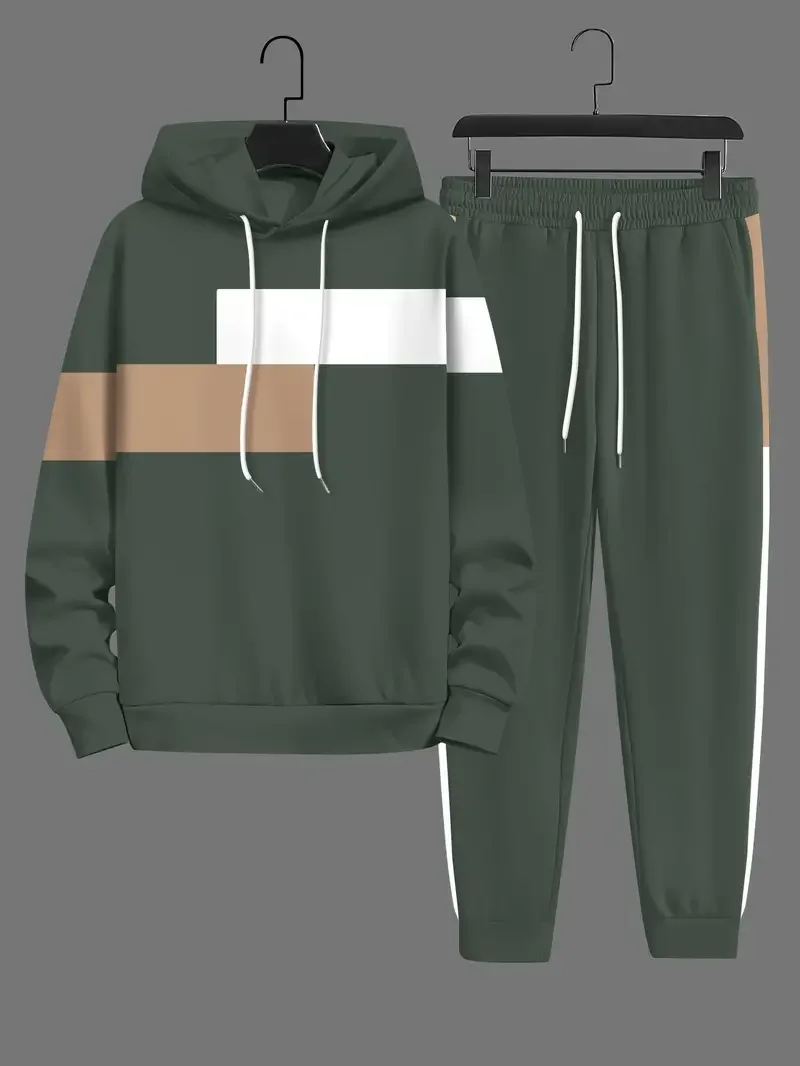 2-piece Color Block Men\'s Casual Tracksuit Set Casual Long Sleeve Drawstring Hoodie+ Jogging Pants Set Gym Running suits