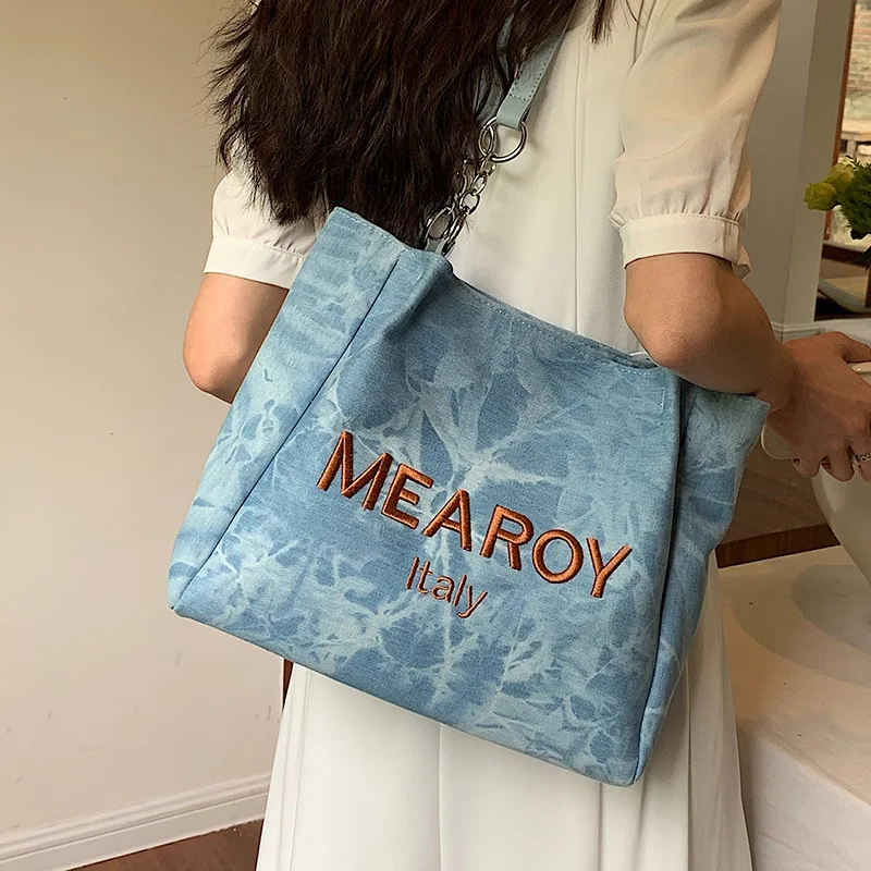 Tote Shoulder Bag Large Capacity Bags for Women Denim Shopping Storage Bags Trend All-match Soft Textile Summer Leisure Travel
