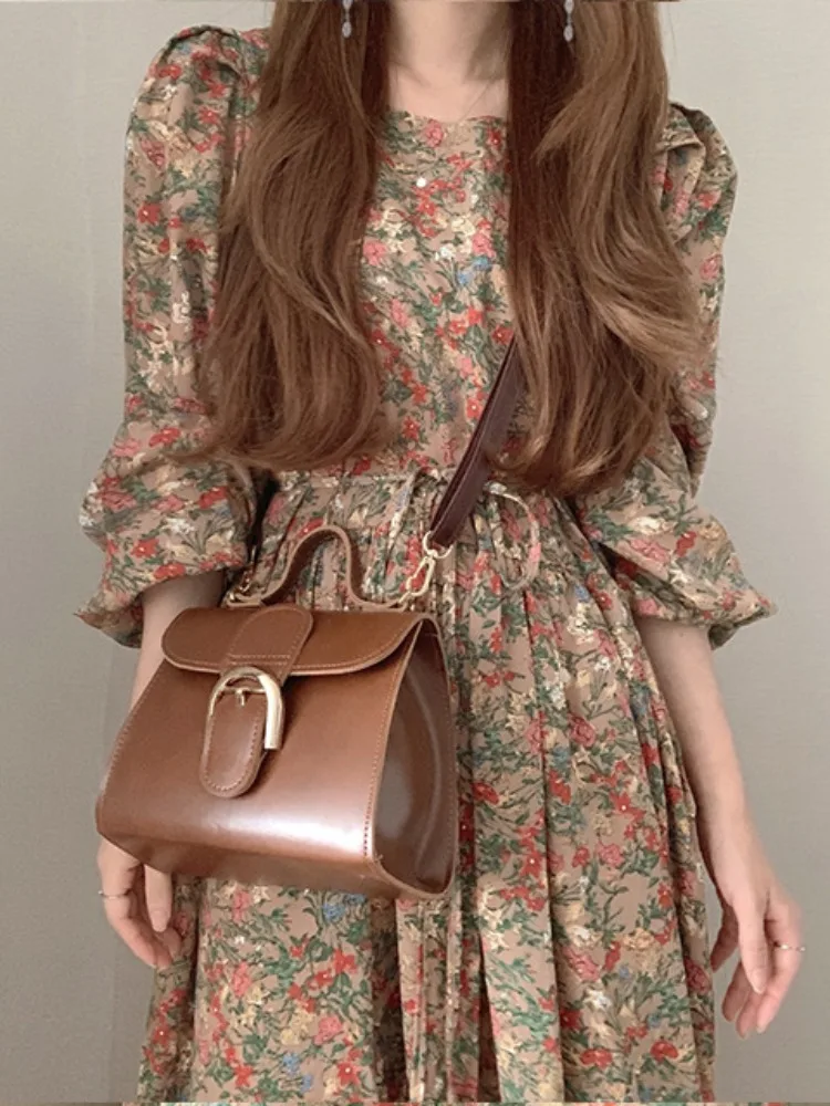

Floral Print Midi Dress with Belt Spring Summer Loose Fit Women's Dress Inner Lined Korean Style Casual Streetwear