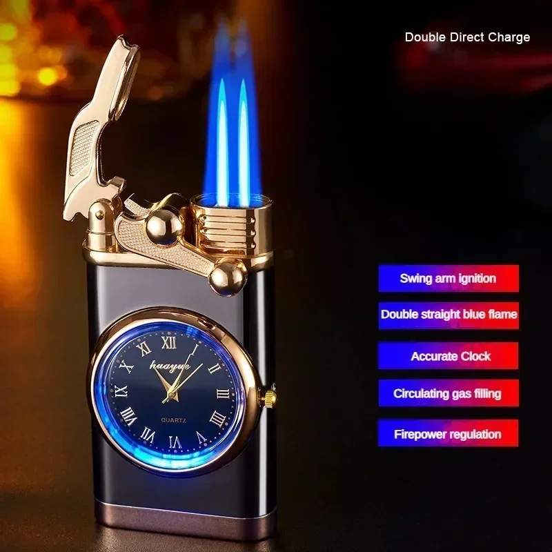 New Windproof Butane Gas Lighter Watch Cigar Lighters Double Fire Jet Lighter Metal Cigarette Smoking Accessories Men Cool Gift