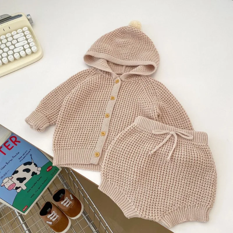 

Girls' Boys' Baby Hooded Cardigan Set Solid Color Cotton Knitted Top Strap Bread Pants Two Piece Set Spring and Autumn