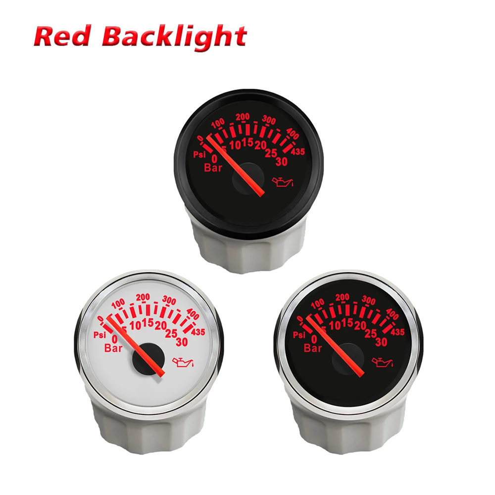 New Motorcycle Boat Truck Universal 52mm Oil Pressure Gauge 0-30Bar 0-435Psi with Red Backlight 12V 24V