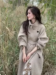 Women's Winter Vintage Long Wool Coat Jacket with Belt Stand Collar Beveled Button Light-Luxury Overcoat Warm Outerwears