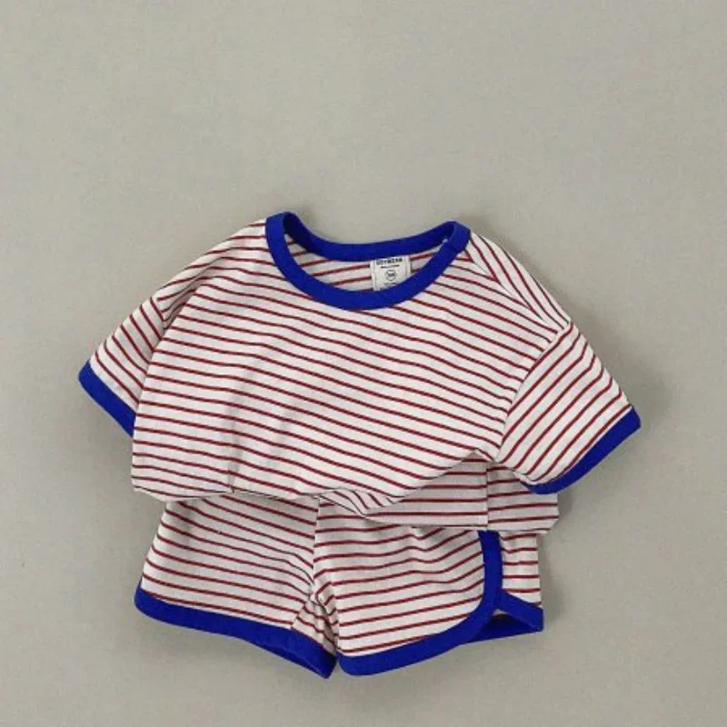 2024 Kids Girls Summer Cotton Clothing Suit 2Pcs Children Striped Short-Sleeve T-Shirt + Shorts Sets Baby Fashion Loose Outfits