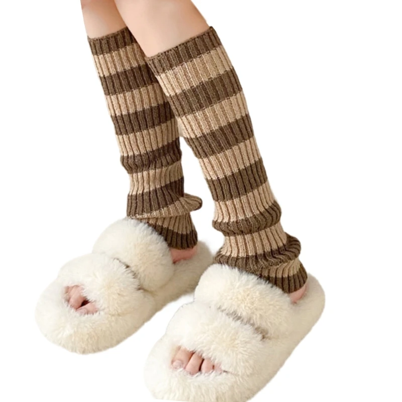 Winter Fall Ribbed Knit Stretch Leg Warmers Preppy Contrast Color Striped Boot Covers Long Calf Socks for Women Girls