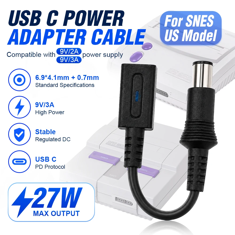 10CM Black USB-C to DC 9V Power Adapter Convertor for Nintendo US SNES SNS-001, SNS-101 Game Console