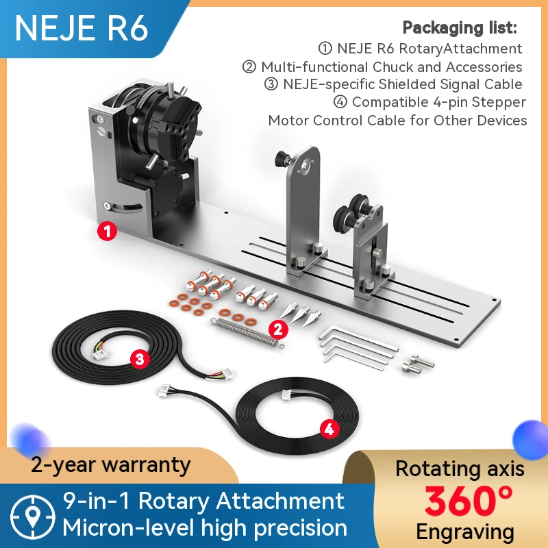 

NEJE laser engraving machine rotary roller chuck R6-A axis 360° rotation, 9 in 1 multi-function, wide compatibility