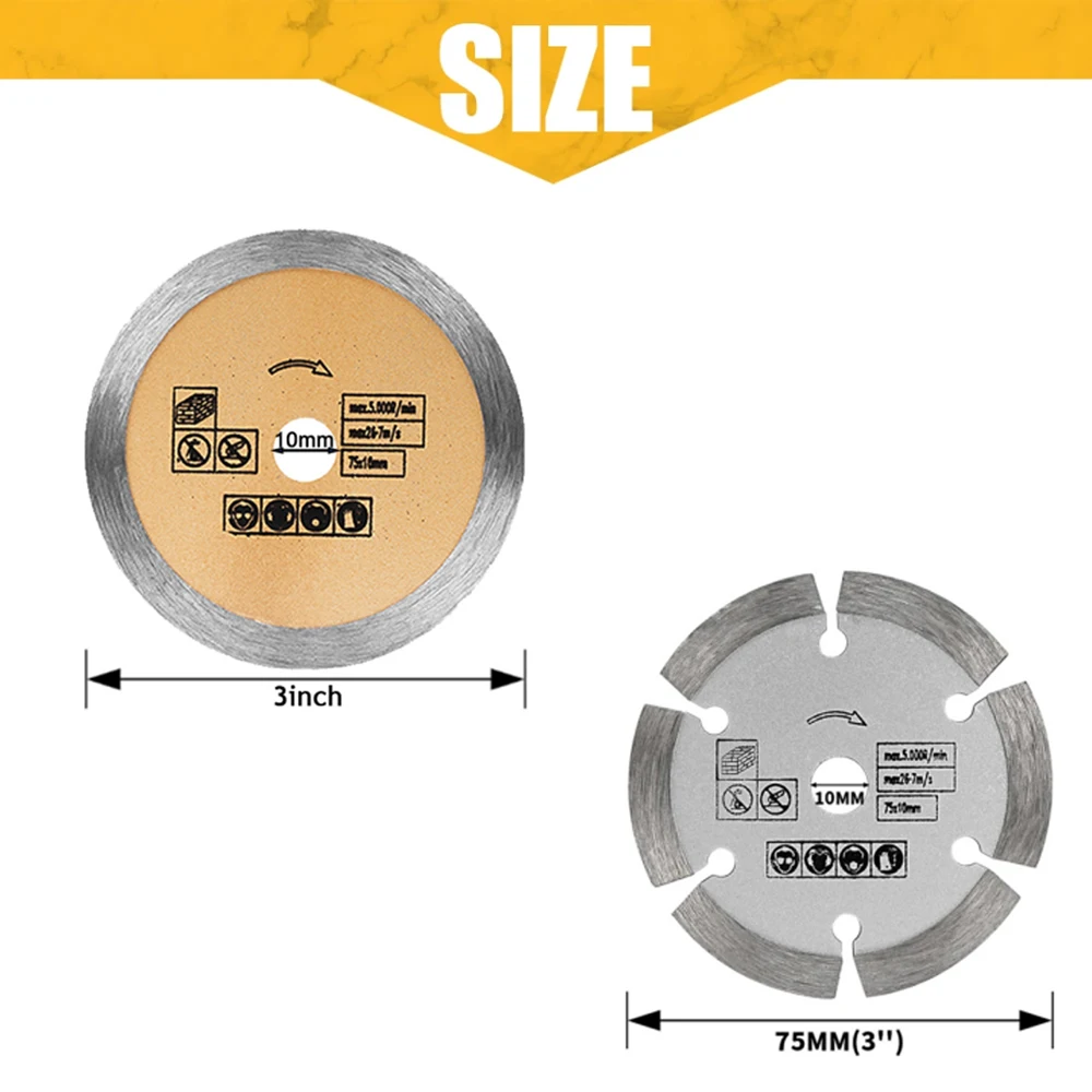 2Pcs Mix 3inch Stone Cutting Disc 75mm Circular Toothless/Toothed Cut Off Wheel Cutting Ceramic For Angle Grinder Attachment