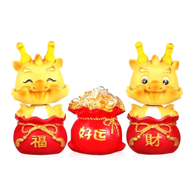 

3Pcs Shaking Head Dragon Figures Set Kit Chinese Zodiac Dragon Ornaments Year Of The Dragon Statues Set Kit For Home Office