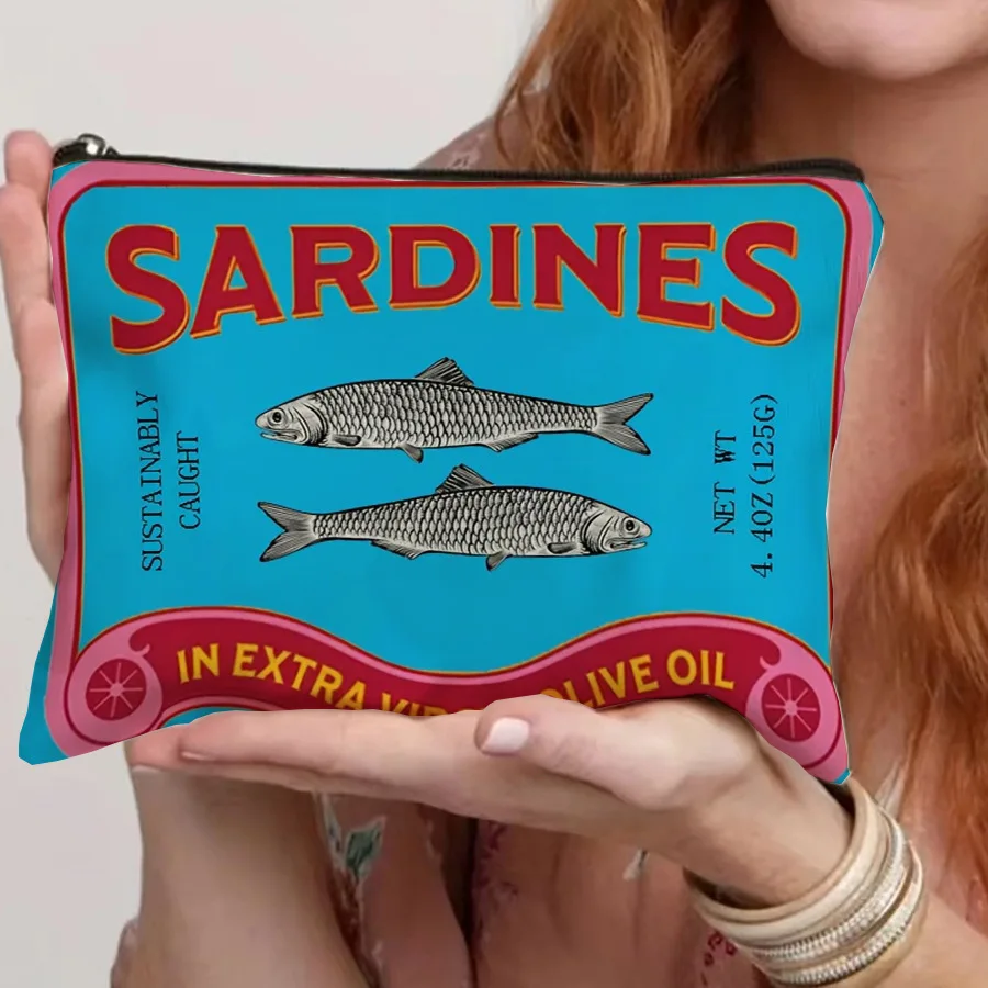 

1pc Vintage Sardine Pattern Cosmetic Bag Travel Makeup Organizer for Toiletries & Brushes, Portable Unisex Design for Travel