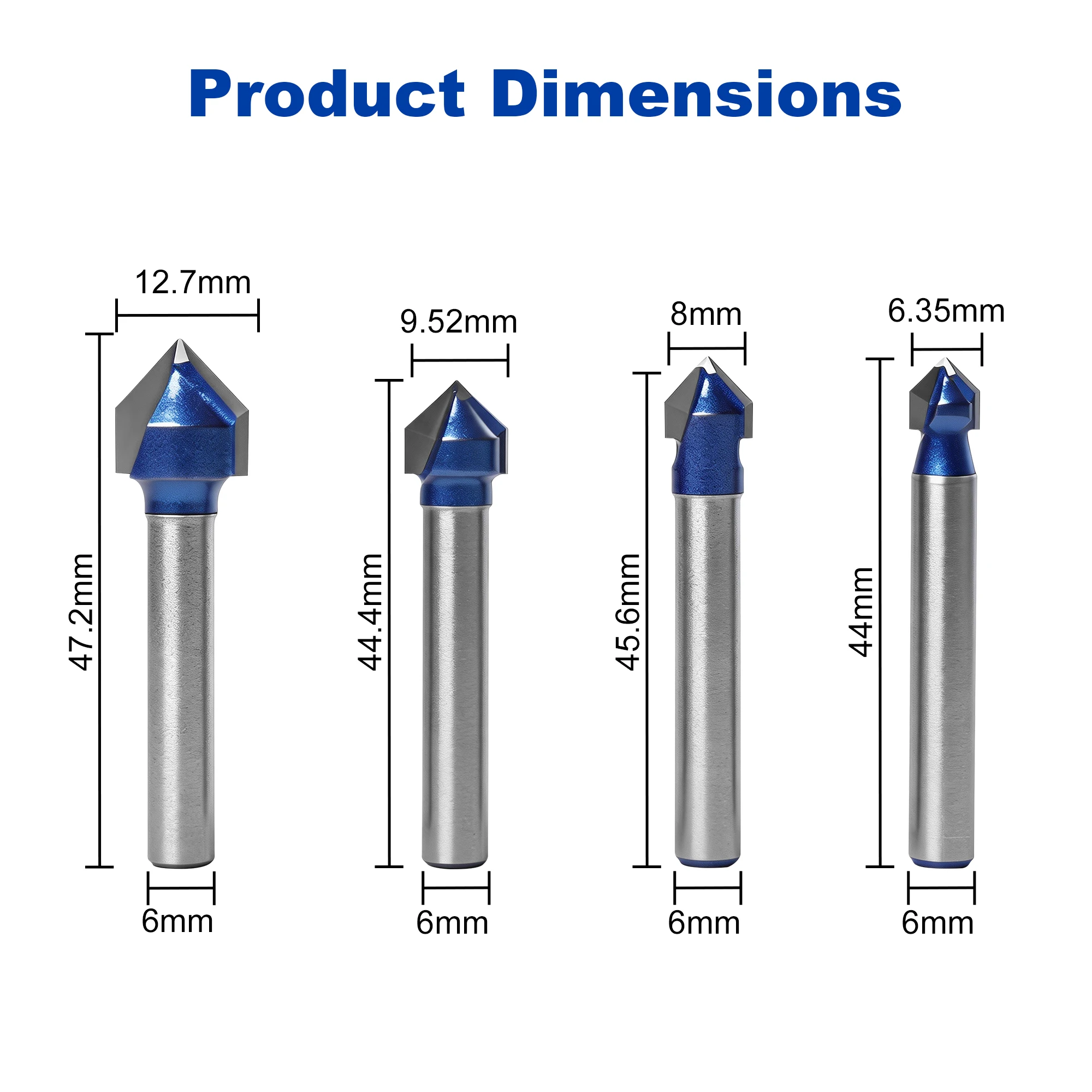 TwoTrees 6mm Carbide Woodworking Router Bits Set, 90° V-Groove, 60° V-Bit, T-Slot, 3-Flute Spiral, Core Box CNC Milling Cutter