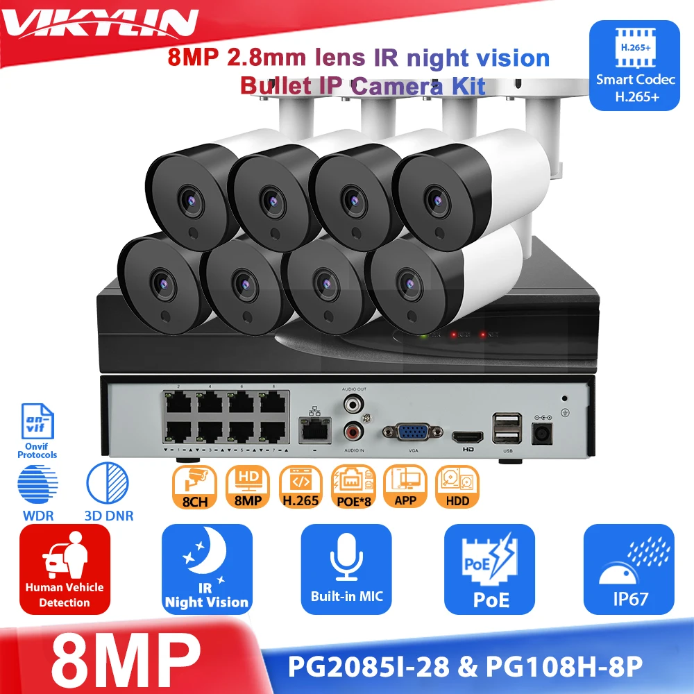 vikylin 4K 8MP IR Night Vision IP Camera NVR Kit H.265 Motion Detection APP View 8POE Network Video Recorder Security System Kit