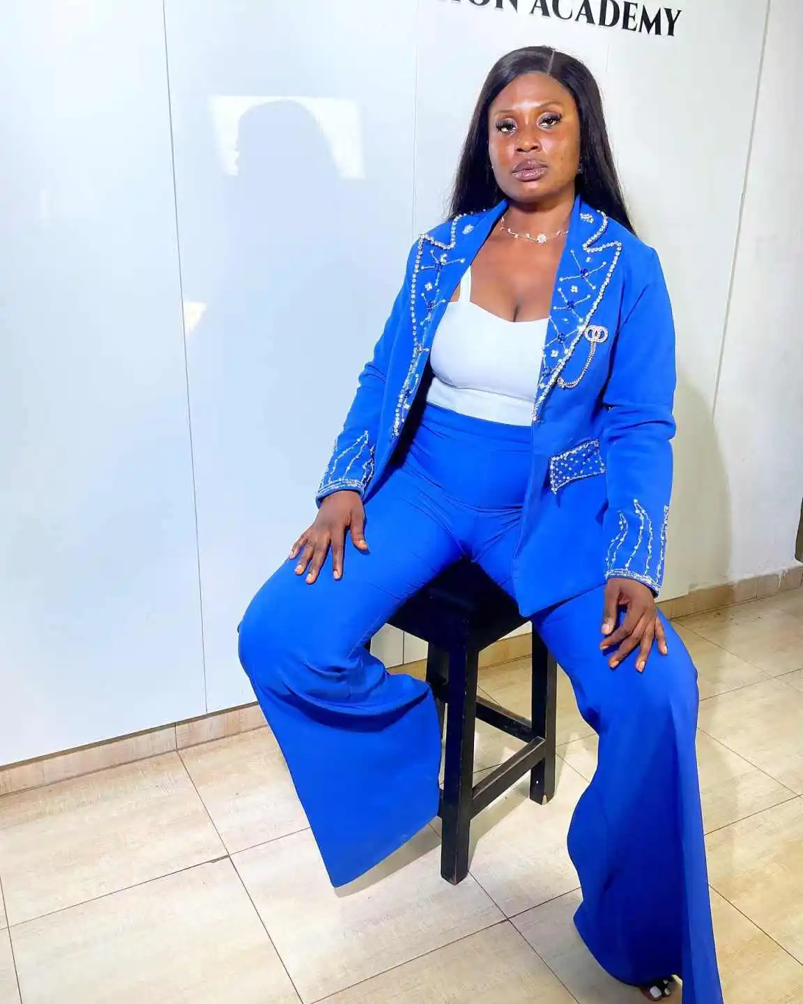 Royal Blue Women Suit Set 2 Piece Blazer+Pants Trousers Luxury Crystals Formal Office Jacket Customized Wedding Tuxedos Coat