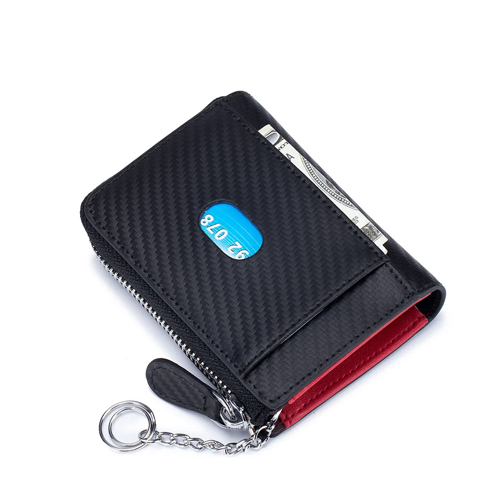 

Leather Carbon Fiber Card Bag Men's Zipper Business Card Clip Rfid Coin Purse