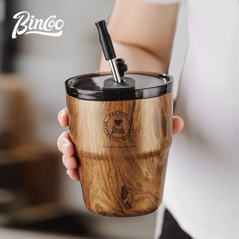 Bincoo Wood Grain Coffee Cup American High-Looking Insulated Cup Car Portable Stainless Steel Water Cup with Straw Cup