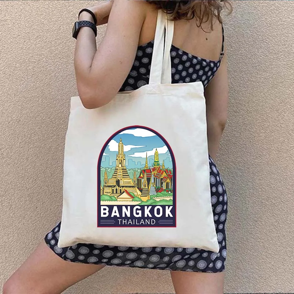 Bangkok Dubrovnik Lisbona Siviglia Mallorca Milano Borsa tote in tela di cotone shopper carina Pamukkale Seoul Vienna Borse con emblema retrò