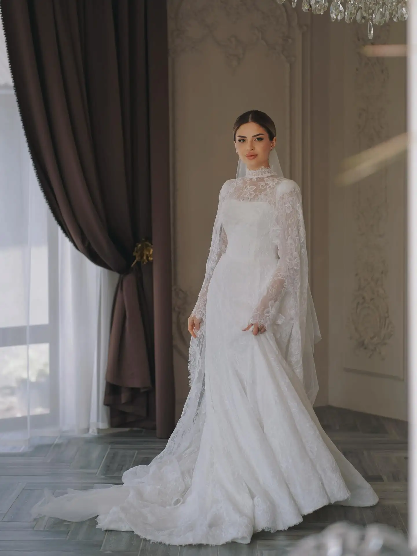 Customized Modest Mermaid Lace Wedding Dress with Cape High Neck Long Sleeve Bridal Gown Button Detail vestidos de novia