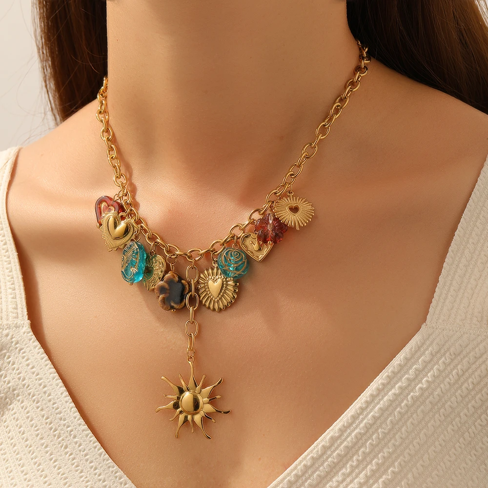 DIEYURO 316L الفولاذ المقاوم للصدأ الاتجاه الملونة غير النظامية القلب الذهبي الشمس قلادة قلادة سيدة مجوهرات مقاومة للماء براقة #3