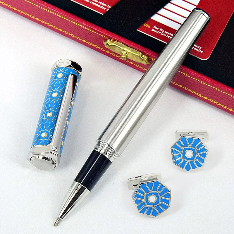 

AGD Heptagon S-Dumont CT Blue Decorative Pattern Luxury Roller Ball Pen Silver Trim With Serial Number Writing Smooth