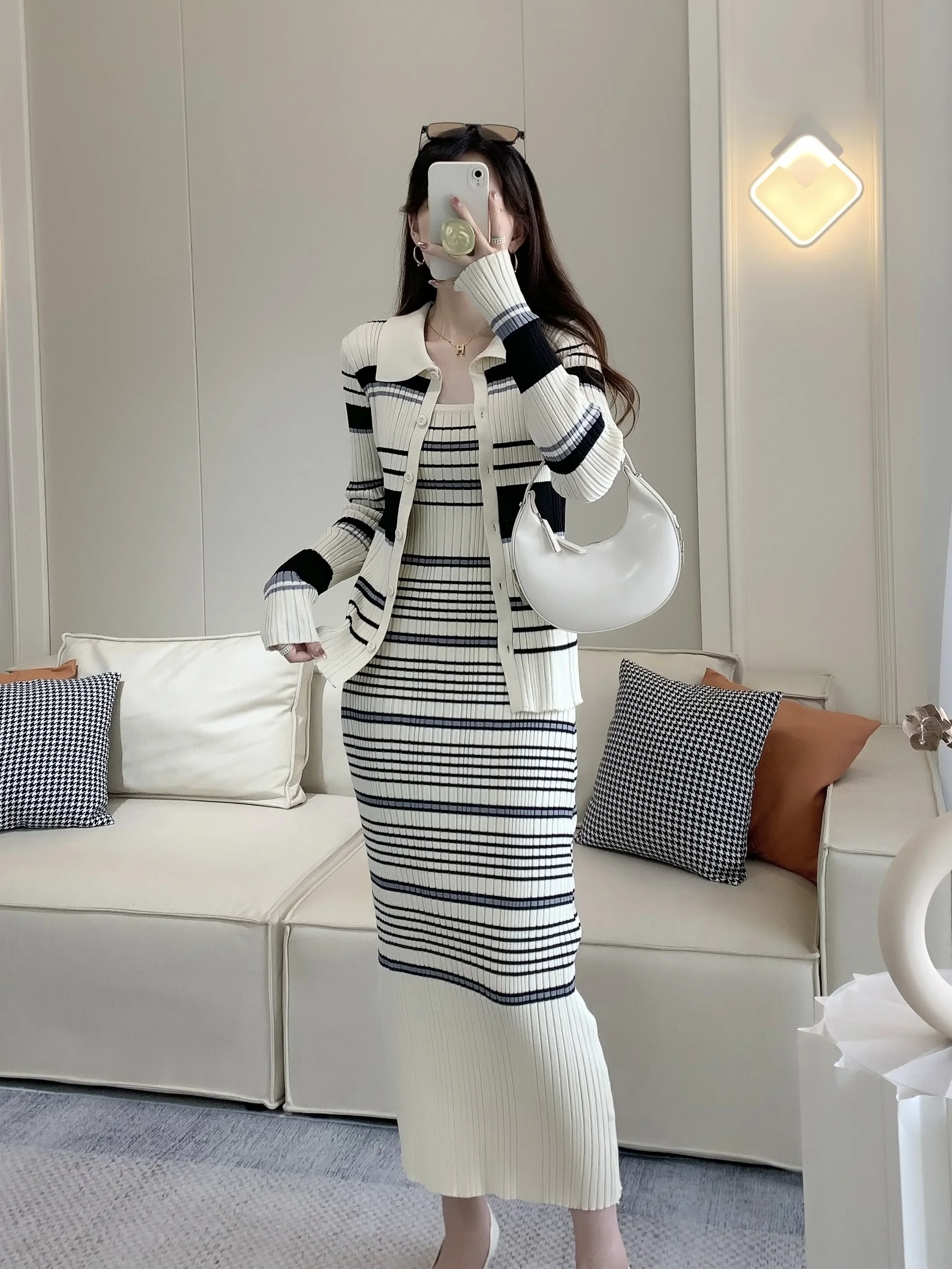 Casual Knitted Skirt Suits Female Korean Fashion Striped Long Sleeve Cardigan Sweater Coat Strapless Mid Dress 2 Piece Sets