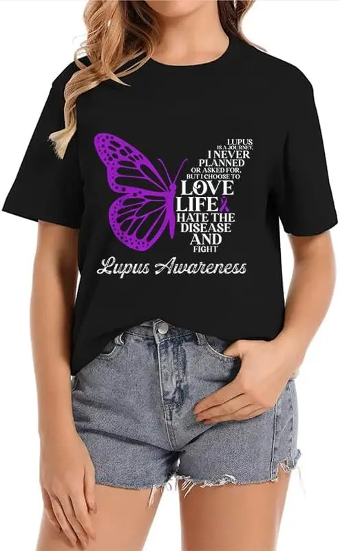 Butterfly Purple Systemic Lupus Crew Neck Casual Short Sleeve Vintage Summer Graphic T-Shirt for Women