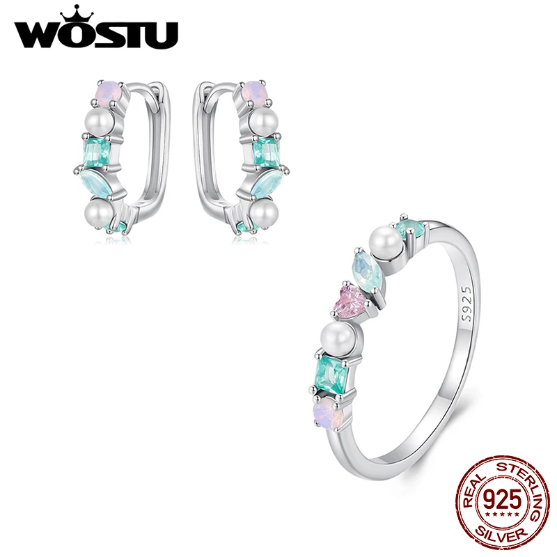 WOSTU 925 Sterling Silver Colorful Opal Hoop Earrings Sized Ring Jewelry Set Y2K Rings for Women Fine Jewelry Party Dating Daily