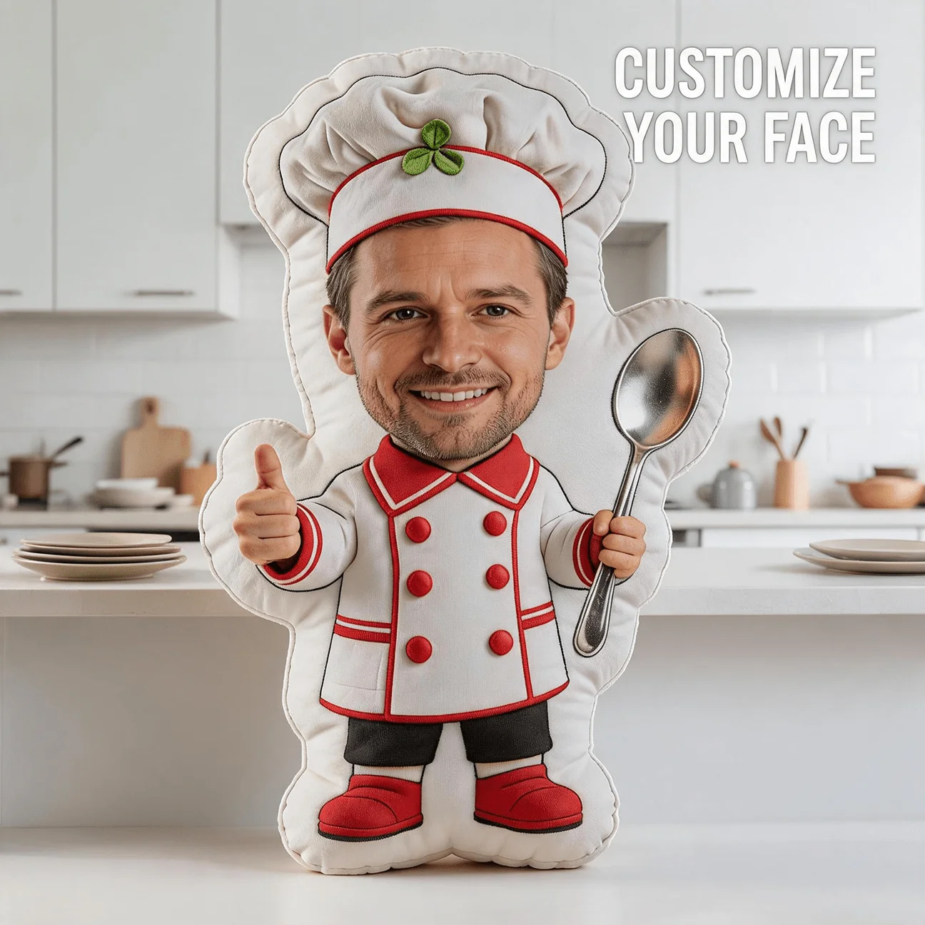 Custom Chef Photo Shaped Pillow, Personalized Face Decorative Cushion with White Hat & Spoon, Funny Occupation Style Home Decor