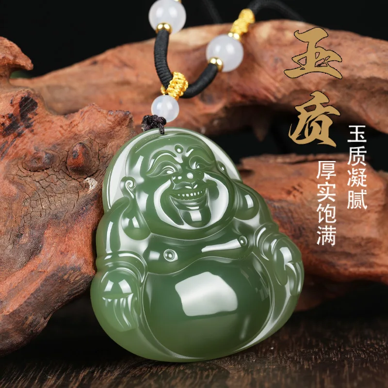 Large Natural Hetian Jade Laughing Buddha Pendant Necklace Lake Green Jade Maitreya Buddha Jade Pendant Gifts