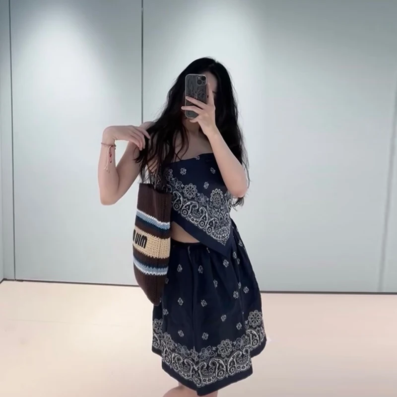 

Укороченный топ с модным принтом и юбка с высокой талией, женский летний наряд, хлопковый ор Све, круглый ансамбль из двух предметов Ne