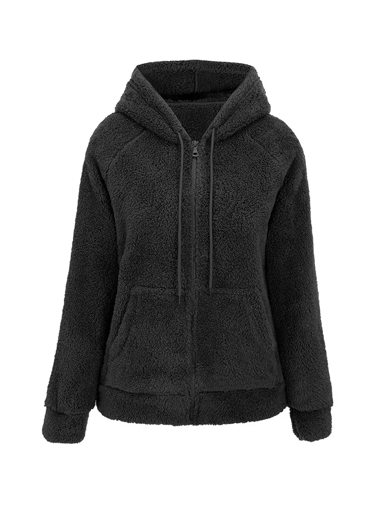 Giolshon Women Fleece Sherpa Jacket Fluffy Short Fuzzy Fleece Zip Up Hooded Coat Spring Autumn Faux Fur Cardigan Outwear Female