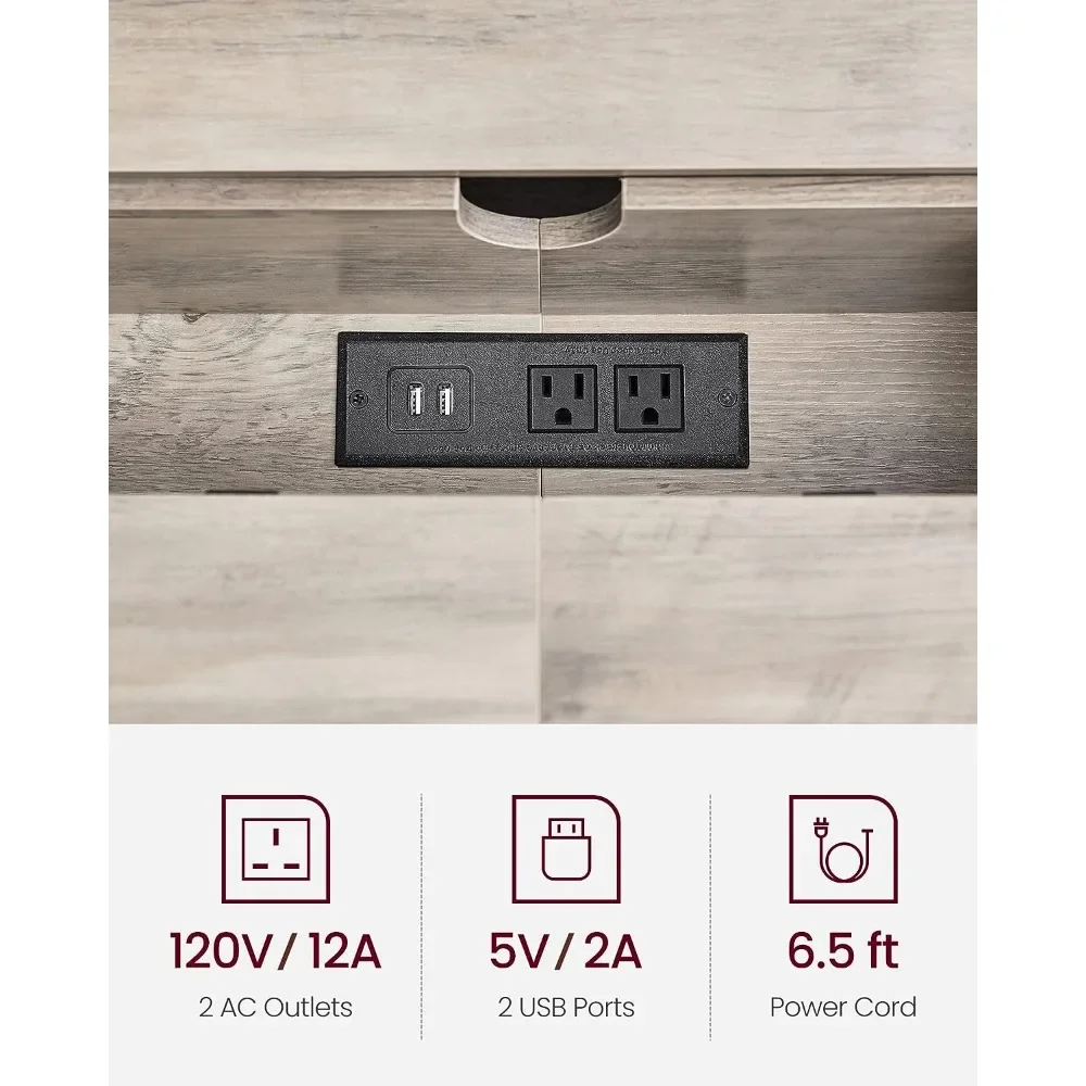Vasagleコンソール-出力と棚付きのソファテーブル,隠し充電ステーション付きのソファテーブル,グレーとブラック,70インチ