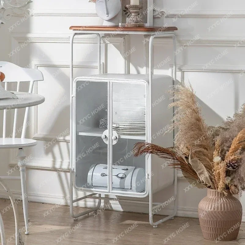 A French retro side cabinet, white household wrought iron coffee cabinet, living room wall glass, display cabinet