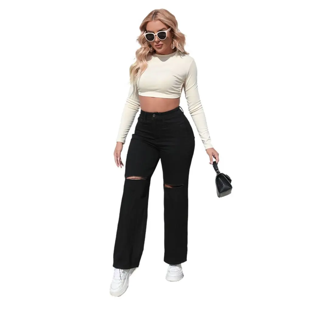 

Женские черные прямые рваные джинсовые джинсы свободного покроя, модные универсальные узкие джинсы с высокой талией в европейском и американском стиле