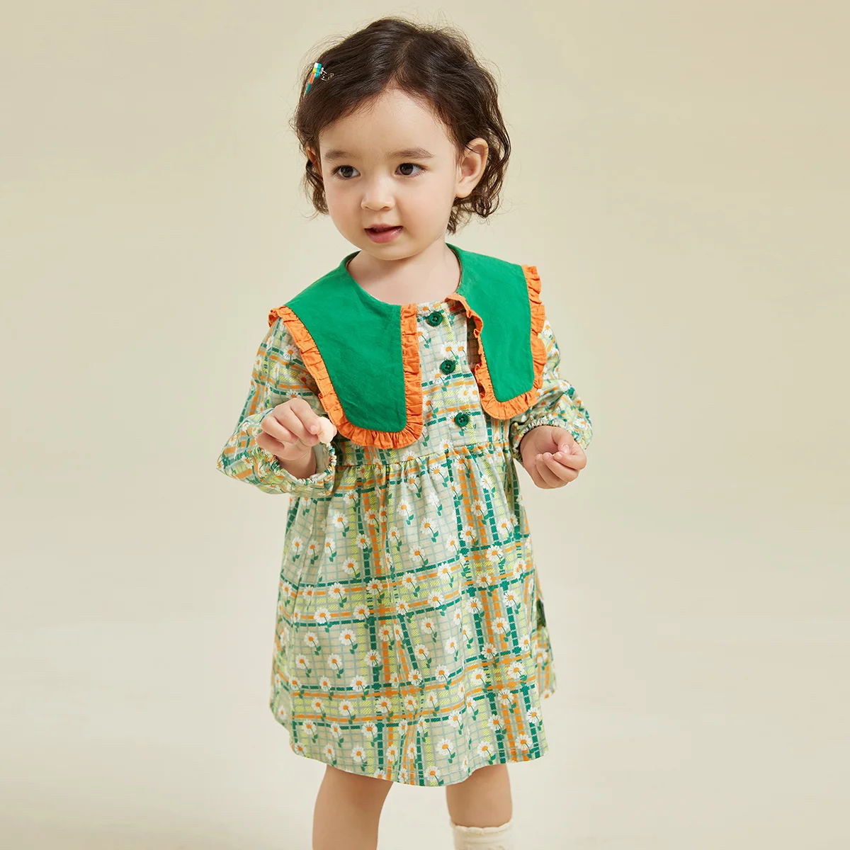 

Amila Baby Girls Dress 2023 New Autumn Lapel Design Contrasting Colors Soft Fashion Warm Insulation Children's Clothing