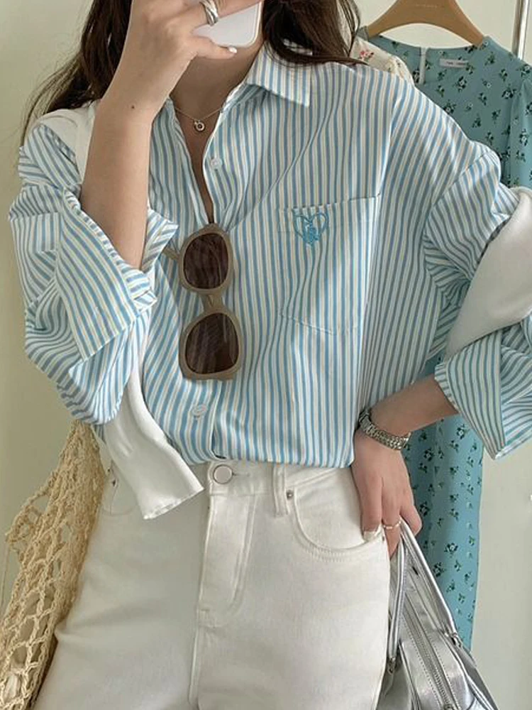 Sweet Pink Striped Shirt Women Summer Single Breasted Shirts Female Korean Fashion Chic Embroidery Casual Office Tops Ladies